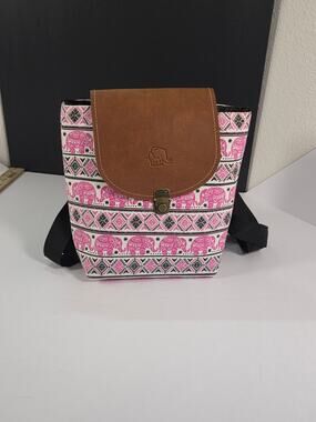 Ivory Ella Pink Elephant Tribal Backpack Faux Leather Flap Boho Adjustable